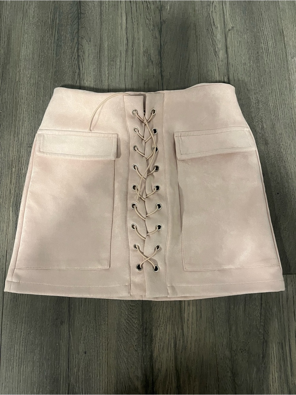 Lace-Up suede front Pocket Mini Skirt in cream